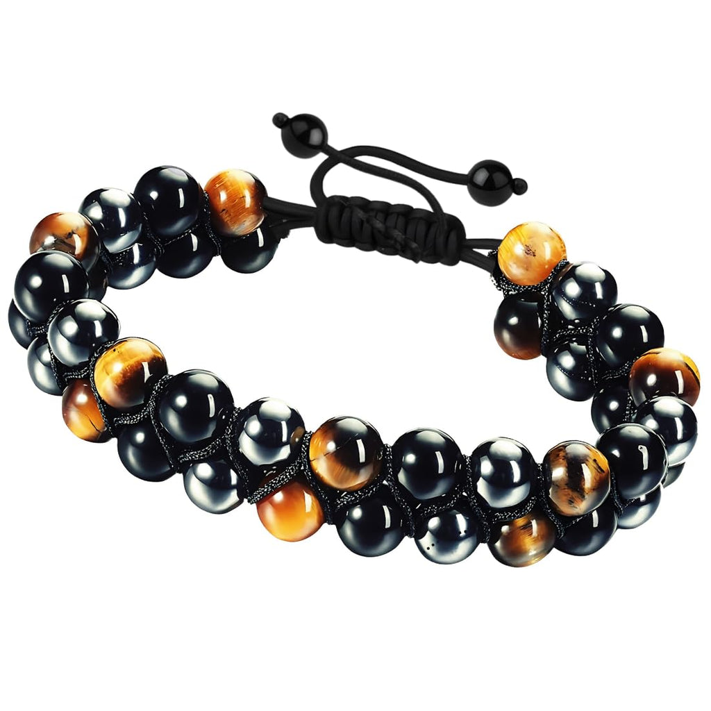 BHAVYAASHI Triple Protection Bracelet I Natural Tiger Eye, Black Obsidian & Hematite Healing Crystal I 8mm Adjustable Gemstone Beads for Men & Women I