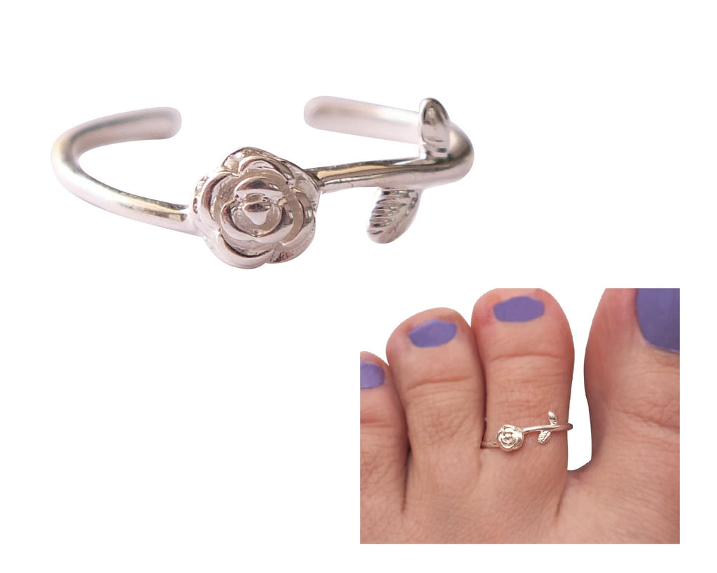 Handmade Silver Rose Flower Blossom Adjustable Toe Ring, 925 Sterling Silver, Floral Elegant Dainty Open Toe, Pinky or Knuckle Rings for Women, By MiYa Jewelry Creations