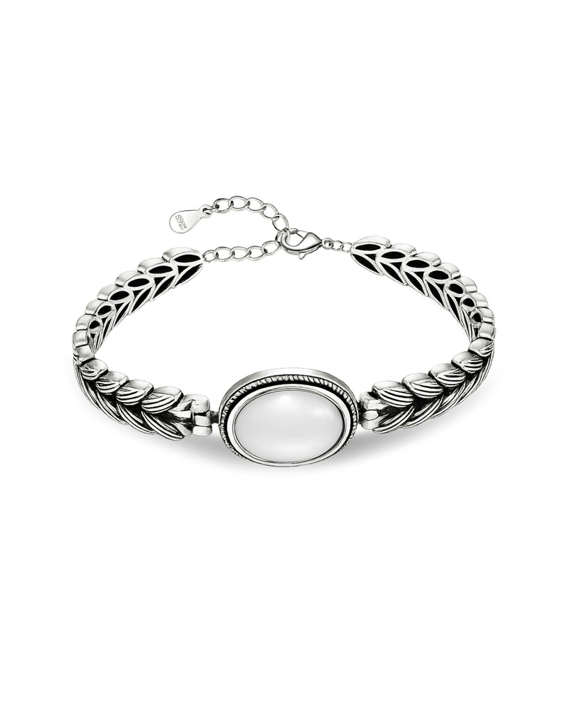 Irideket 925 Sterling Silver plated Open Cuff Bangle with White Jade Stone Adjustable Leaf Engraved Bracelet with Lobster Clasp Silver Jade Jewelry for Women
