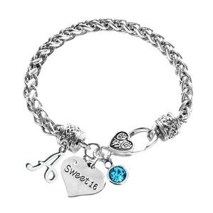 Infinity Collection -Sweet 16 Charm Bracelet, Bangle Bracelets for Women (Engraved Sweet 16, Letter and Birthstone Bracelet) Personalized Bracelet for Birthday Celebrants, Custom Bracelet for Sweet 16