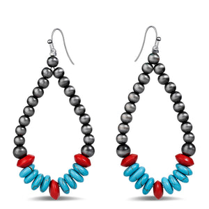 Teppdfann Navajo Pearls and Turquoise Teardrop Earrings – Handcrafted Beaded Earrings with Navajo Pearls Turquoise & Red Bead Accents, Boho Black Drop Dangle Earrings Featuring Bohemian Style