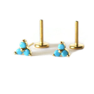 vangobeauty Sterling Silver 18 Gauge Threadless Push Pin Flat Back Labret Trinity Turquoise Stud Earring Nickel Free Handcrafted in USA (6mm Two Studs Real 18K Gold Plated)