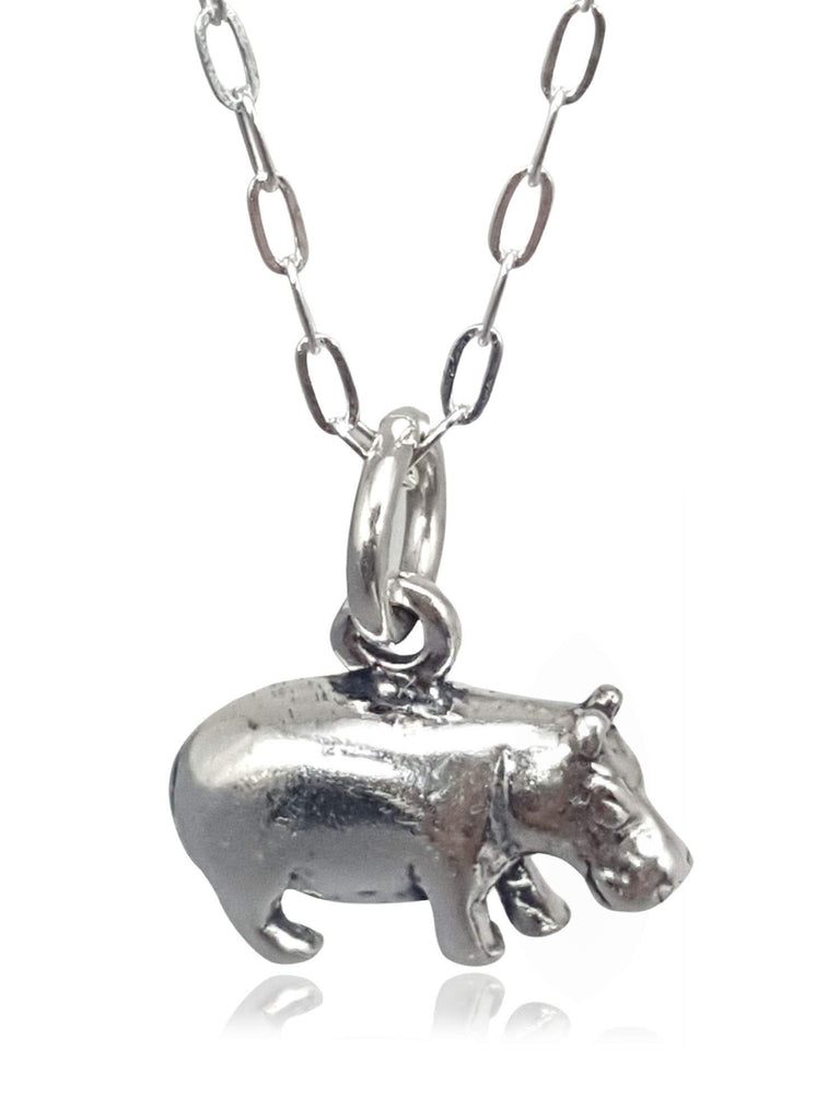 EnCharmed Sterling Silver Hippo Hippopotamus 3D Charm Necklace, 18"