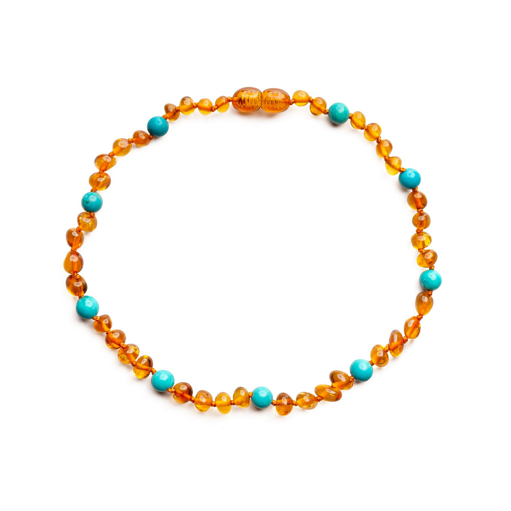 Baltic Proud Amber Necklace for Women and Men (Authentic, Certified) - 18 inches, Cognac Turqouise Polished - Unisex Jewelry for Adults - Bead Necklace