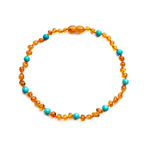 Baltic Proud Amber Necklace for Women and Men (Authentic, Certified) - 18 inches, Cognac Turqouise Polished - Unisex Jewelry for Adults - Bead Necklace