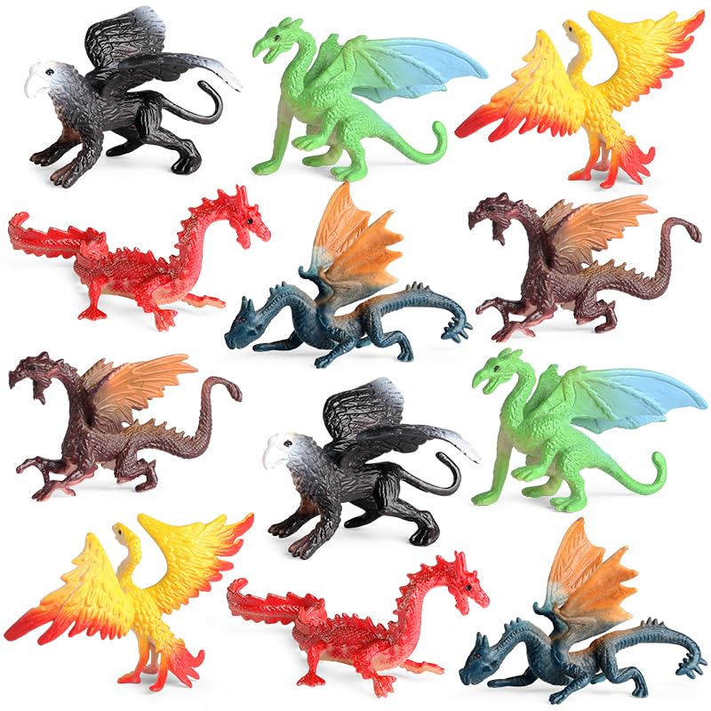 EOIVSH Mini Dragon Toys Figures - 12pcs Ancient Flying Dragon Figurines for Boys Girls, Mythical Action Figure Kid Toys, Cupcake/Cake Topper & Party Favors