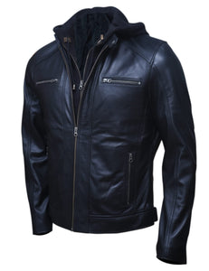 Artistry Mens Genuine Lambskin Leather Motorcycle Jacket with Removable Hood in Black Brown