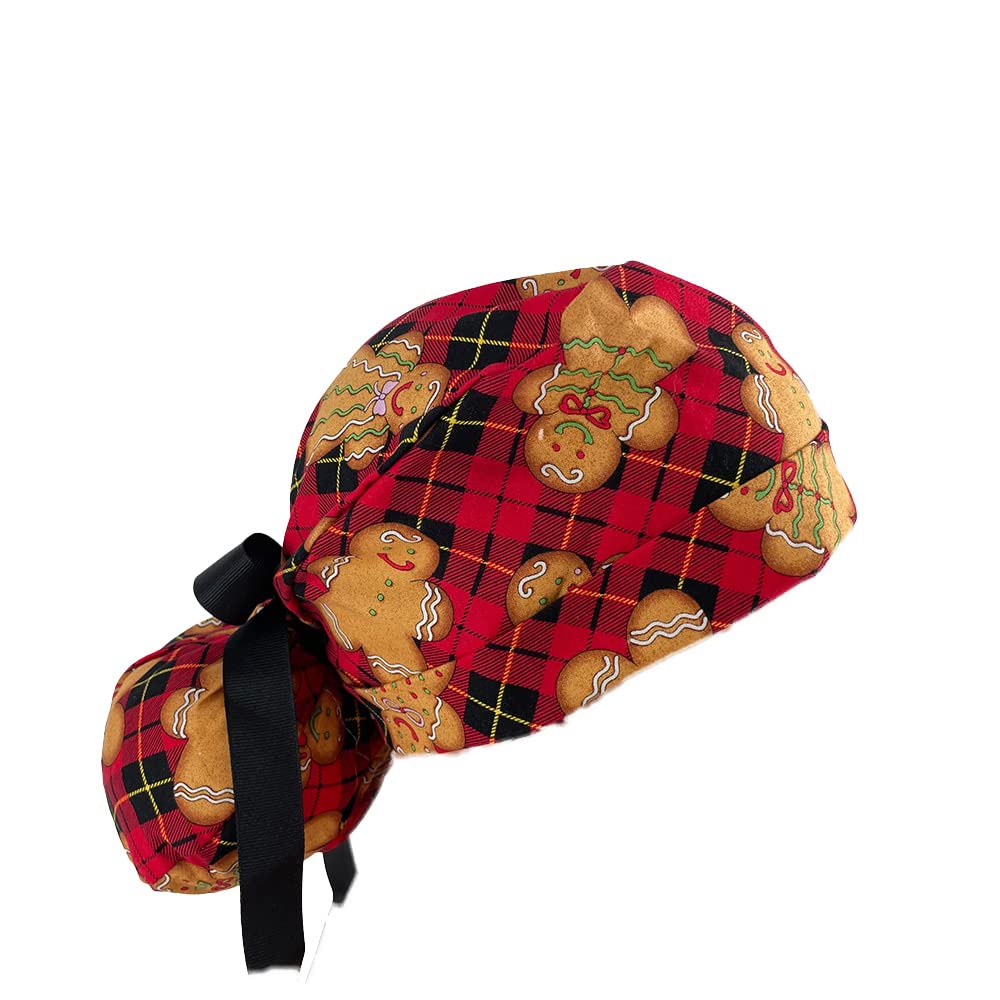 Surgical Scrub Cap for Women, Gingerbread Christmas Cookies Print, Ponytail Style Medical Hat with Black Ties, Cotton Blend Surgical Headwear
