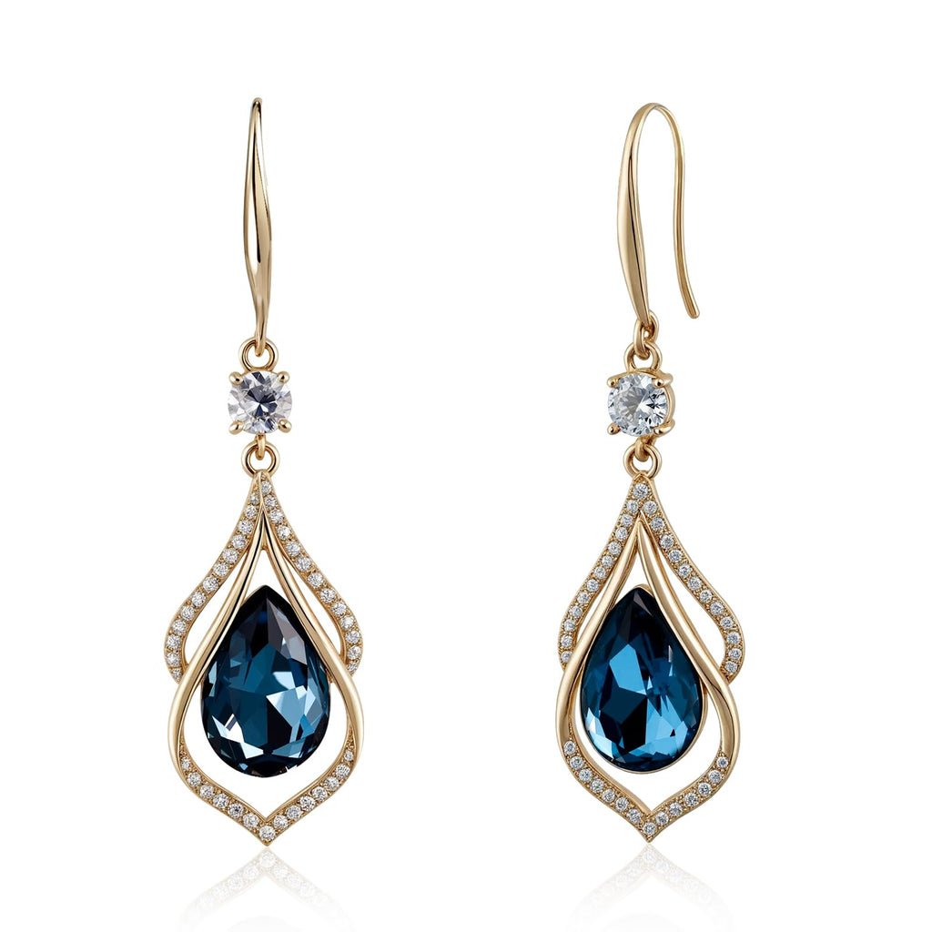 Desnuage Gold Sapphire Dangle Earrings for Women Teardrop Birthstone Zirconia Earrings Royal Blue Sparkle Rhinestone Crystal Jewelry