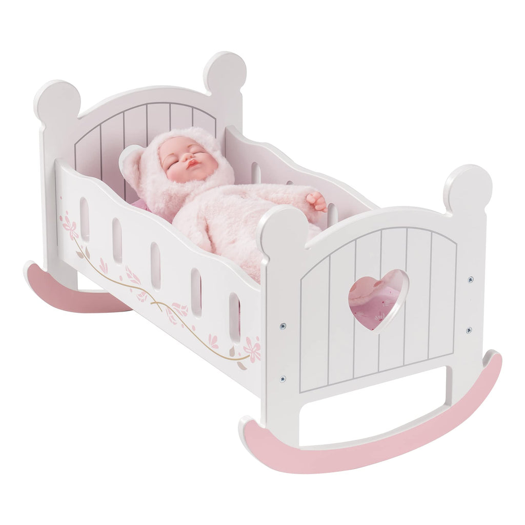 ROBOTIME Wooden Play Doll Cradle Rocking Baby Doll Crib, Reversible Doll Bedding for Toddler Girl,Fits Dolls Up to 20 Inches (White)