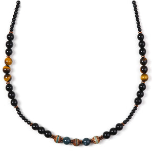 Beaded Necklace for Men - Healing Crystal Necklace with Tigers Eye, Blood Stone, Onyx, Tibetan Agate Beaded Necklace - Black Bead Necklace - Bead Necklace for Men