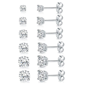 18K White Gold Plated 4 Pong Round Clear Cubic Zirconia Stud Earring Pack of 6 Pairs (6 Pairs)