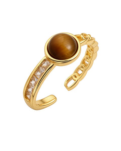 Zikichiky 14K Gold Plated Tiger Eye Open Ring Vintage Adjustable Rings for Women Boho Jewelry