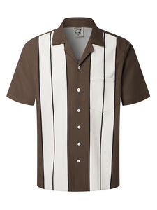 Hardaddy Men's Camp Collar Retro Vintage Bowling Button Down Shirt with Pocket Casual Short Sleeve Beach Shirts Summer Relaxed Fit Brown Striped 3XL
