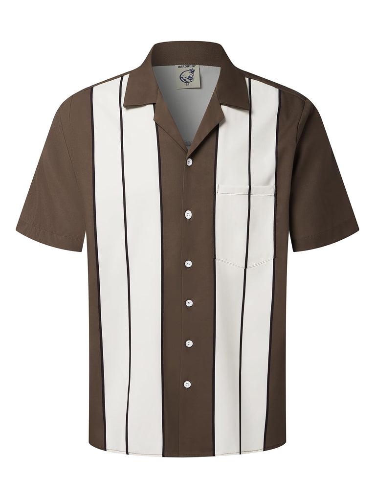 Hardaddy Men's Camp Collar Retro Vintage Bowling Button Down Shirt with Pocket Casual Short Sleeve Beach Shirts Summer Relaxed Fit Brown Striped XXL