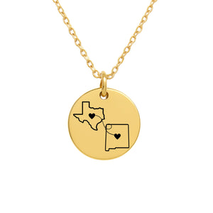 Long Distance Relationship Necklace – Custom Personalized Jewelry for Couples – State, City, or Country Pendant – Unique Valentine’s Day, Anniversary, Birthday, or Going Away Gift for Her or Him