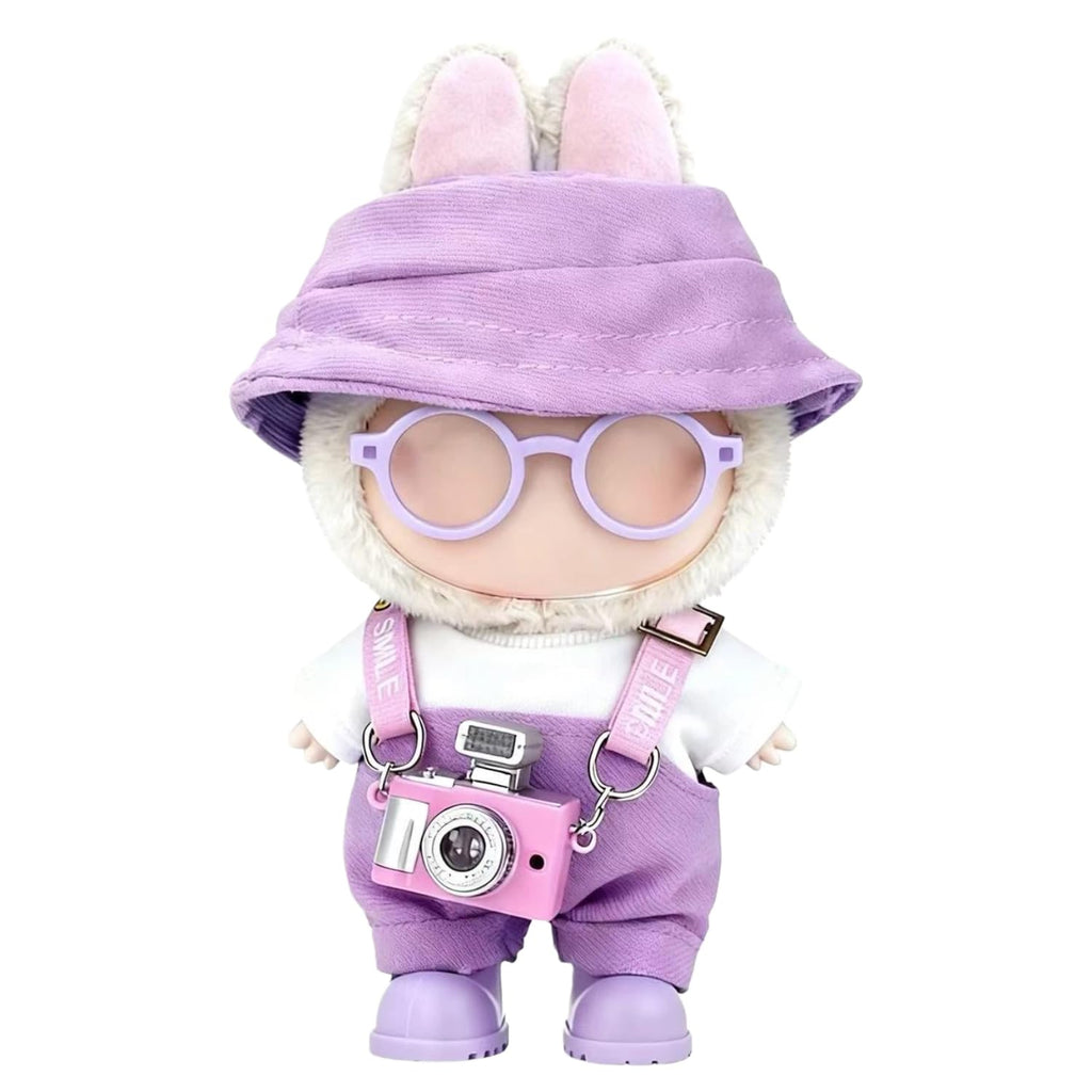 Clothes for LABUBU 17cm Doll (NO Doll) – 6-Piece Set, Hat + Overalls + Shirt + Camera + Glasses + Shoes, Outfit for LABUBU, Premium Dolls Accessories for LABUBU (Purple)