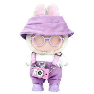 Clothes for LABUBU 17cm Doll (NO Doll) – 6-Piece Set, Hat + Overalls + Shirt + Camera + Glasses + Shoes, Outfit for LABUBU, Premium Dolls Accessories for LABUBU (Purple)