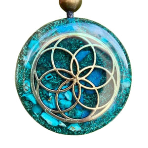 Orgone Necklace by Seed of Life - Healing Crystals Stones - Protection - SBB Coil-Orgonite Pendant Gems Turquoise, Moonstone, Rose Quartz, Meditation, Yoga, Reiki, Women Handmade, Arte Orgones Design