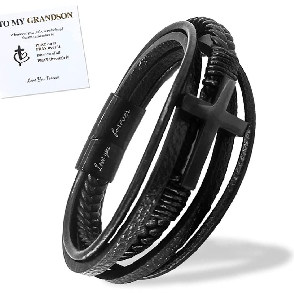 VDKIDKT To My Grandson Crucifix Bracelet Stainless Steel Genuine Leather Bracelet for Men Boy Handmade Cross Wrist Band Cuff Bangle Bracelet