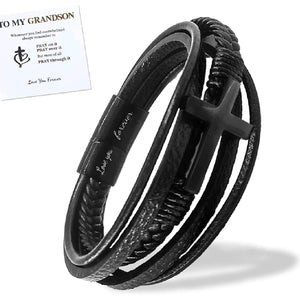 VDKIDKT To My Grandson Crucifix Bracelet Stainless Steel Genuine Leather Bracelet for Men Boy Handmade Cross Wrist Band Cuff Bangle Bracelet