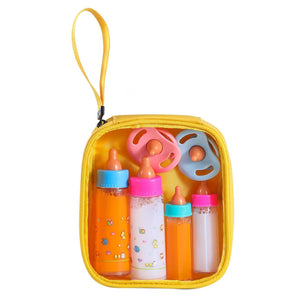 Baby Doll Bottle Accessories - 6 Pcs Feeding Bottle Toys, Magic Disappearing Milk & Juice, Pretend Play Set with Pacifiers Kids Gift Yellow