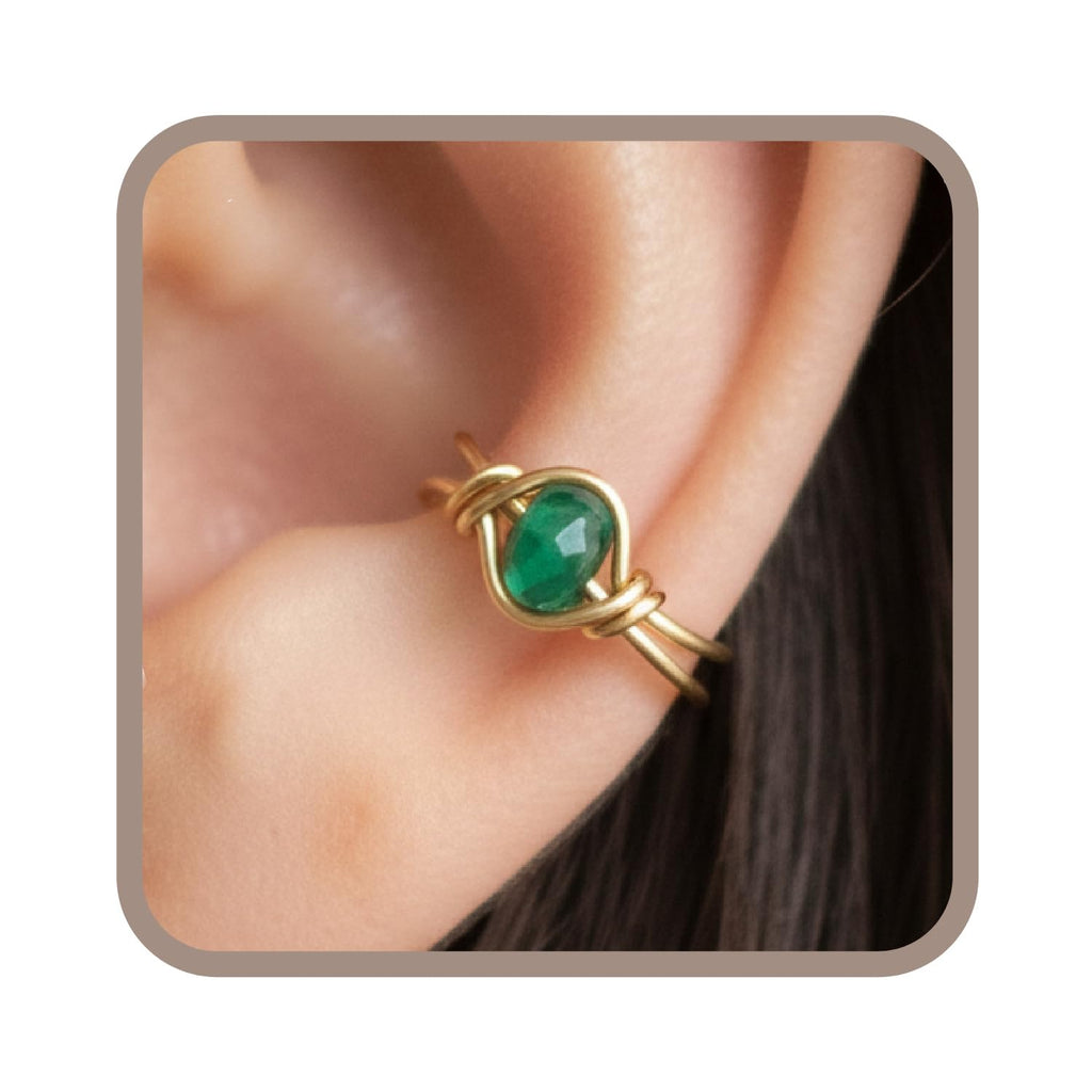 14k Gold Filled Emerald Clip On Ear Cuff, Non Piercing Dainty Huggie Gemstone Earring, May Birthstone