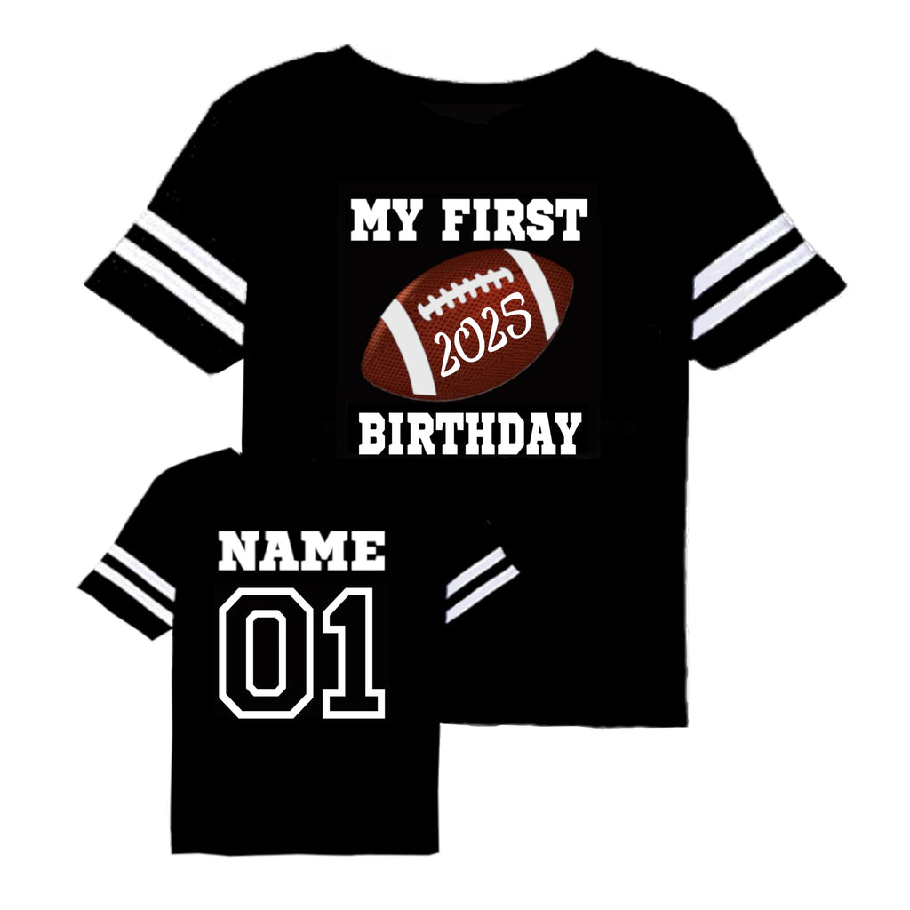 First Birthday Football one Year Old Baby Toddler Personalized Jersey Styled Tshirt 1st Birthday Designs, Touchdown one, My Rookie Year, Words One, The Big one, Mom Dad + Black