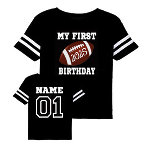 First Birthday Football one Year Old Baby Toddler Personalized Jersey Styled Tshirt 1st Birthday Designs, Touchdown one, My Rookie Year, Words One, The Big one, Mom Dad + Black