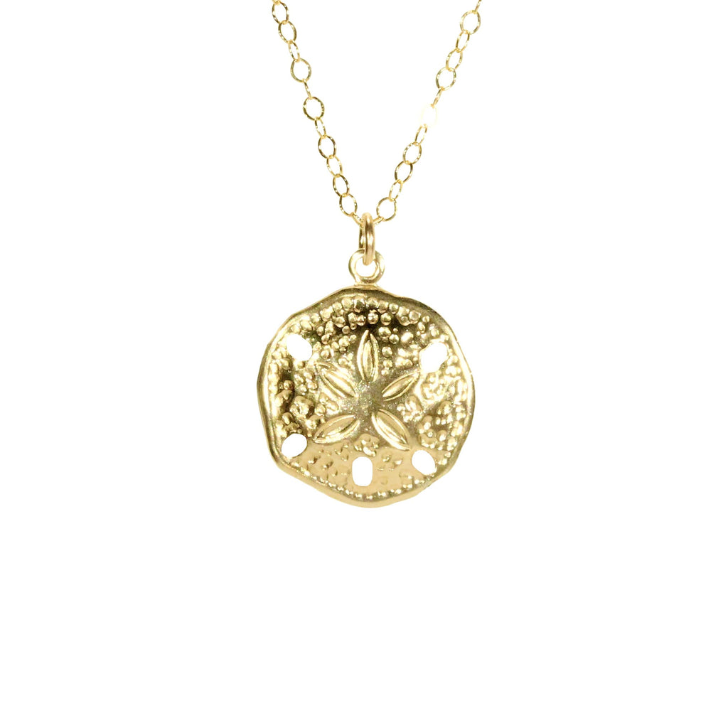 Bubu Ruby Gold Sand Dollar Necklace 14k Gold Filled, Ocean Beach Surfer Jewelry on a Dainty 14k gold Filled Chain