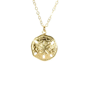 Bubu Ruby Gold Sand Dollar Necklace 14k Gold Filled, Ocean Beach Surfer Jewelry on a Dainty 14k gold Filled Chain