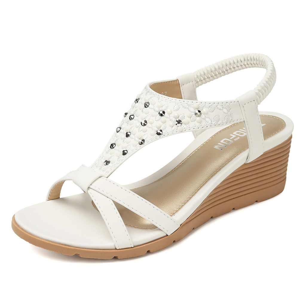 TEMOFON Sandals for Women Wedge Dressy: Summer Open Toe Dress Sandal Comfortable Casual Low Platform Beach Shoes White Size 7