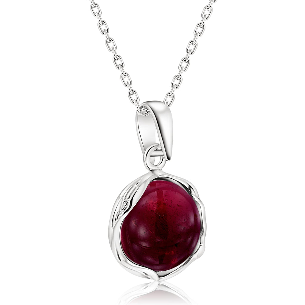 Red Garnet Necklace for Women - 12mm Round Germstone Garnet Pendant - 925 Sterling Silver Cable Chain 45cm - January Birthstone - Necklace Silver - Perfect for Classy Gift and Everyday Wear