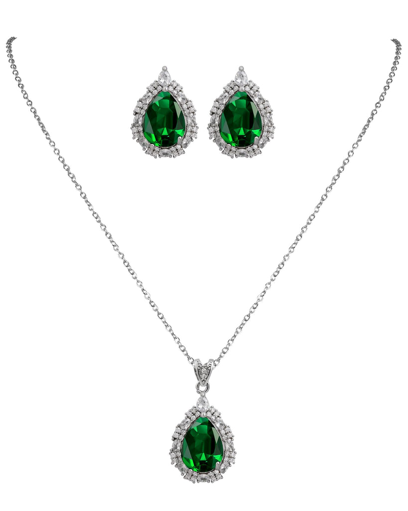 Watforsh Green and Silver Teardrop Emerald Jewelry Set Pendant Thin Birthstone Adjustable Necklace Chain Cubic Zirconia Studs for Women