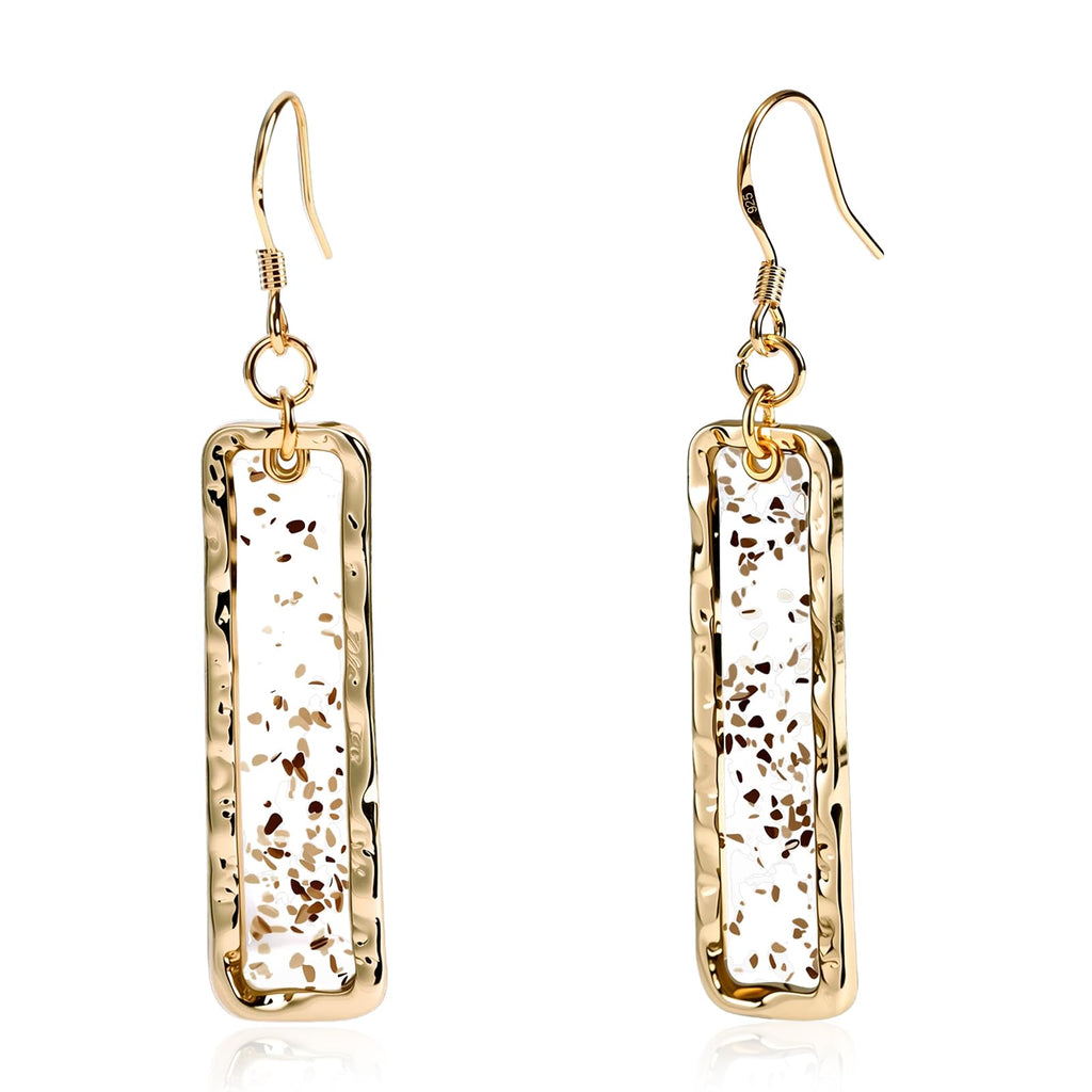 Gold Rectangle Dangle Earrings - Handmade Resin with Abalone Shell Pieces, Unique Drop Earrings