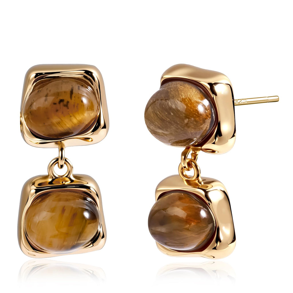 Aliyoham Vintage 14k Gold Plated Dangle Earrings for Women, Tiger Eye Drop Earrings Jewelry for Women