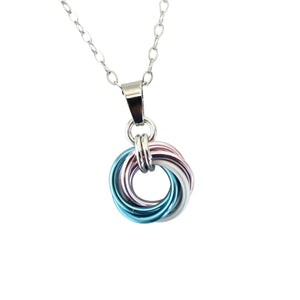 Tattooed and Chained Chainmaille Transgender Pride Pendant Necklace – Handmade Love Knot Chainmail Jewelry in Blue, Pink & White – LGBTQ+ Pride Gift
