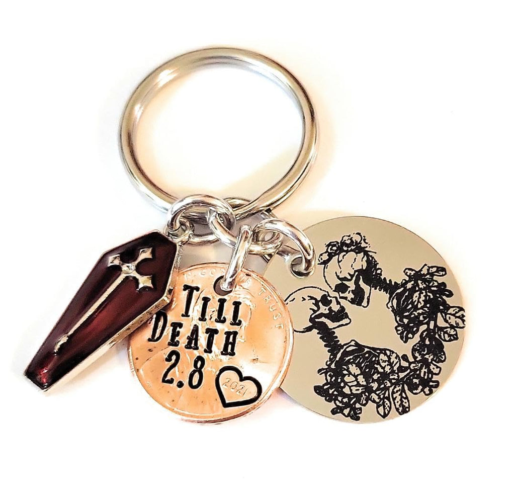 Tucker's Trinkets And Treasures Personalized, Till Death Do Us Part, Key Chain, Anniversary Date, Penny Year, Coffin Gift, Skeleton Lovers Charm