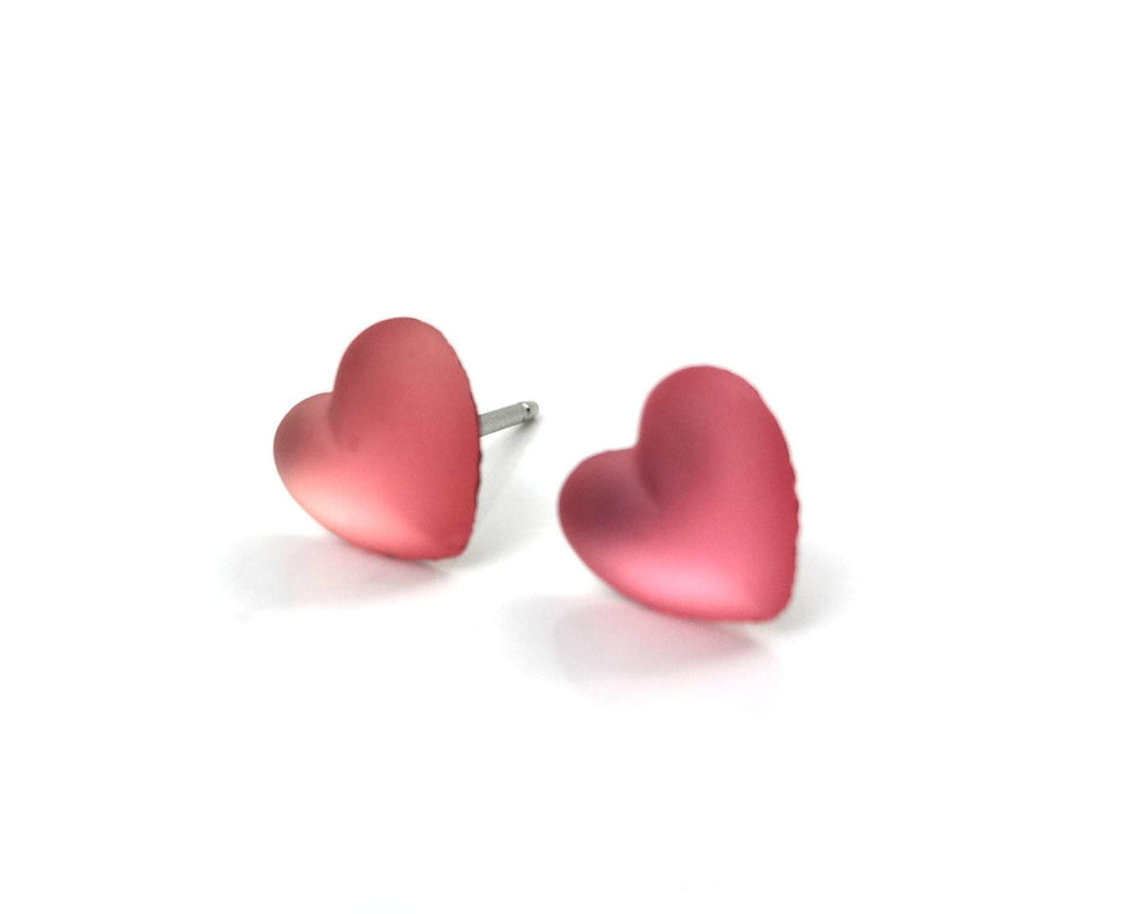 8mm Frosted Light Rose Pink Tiny Heart Stud Earrings with Titanium or Surgical Stainless Steel Posts Nickel Free for Sensitive Ears - Glass Hearts Jewelry for Valentine's Day