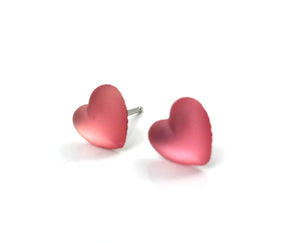 8mm Frosted Light Rose Pink Tiny Heart Stud Earrings with Titanium or Surgical Stainless Steel Posts Nickel Free for Sensitive Ears - Glass Hearts Jewelry for Valentine's Day