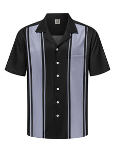 Hardaddy Men's Camp Collar Retro Vintage Bowling Button Down Shirt with Pocket Casual Short Sleeve Beach Shirts Summer Loose Fit Black Grey Striped 3XL