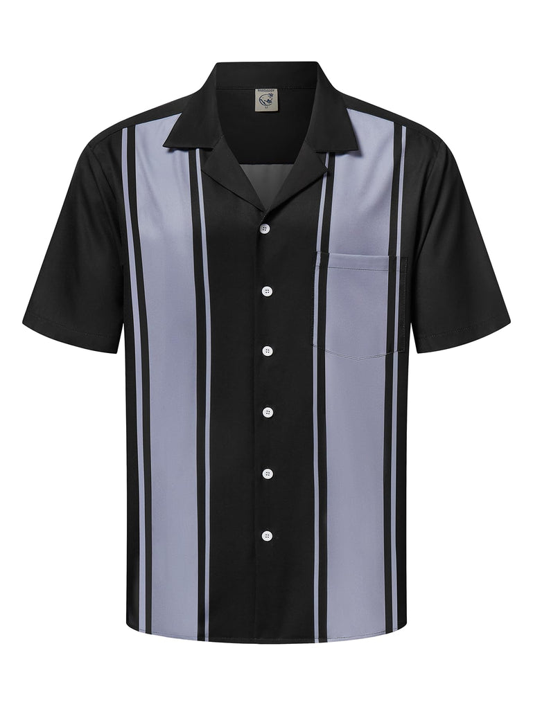 Hardaddy Men's Camp Collar Retro Vintage Bowling Button Down Shirt with Pocket Casual Short Sleeve Beach Shirts Summer Loose Fit Black Grey Striped M