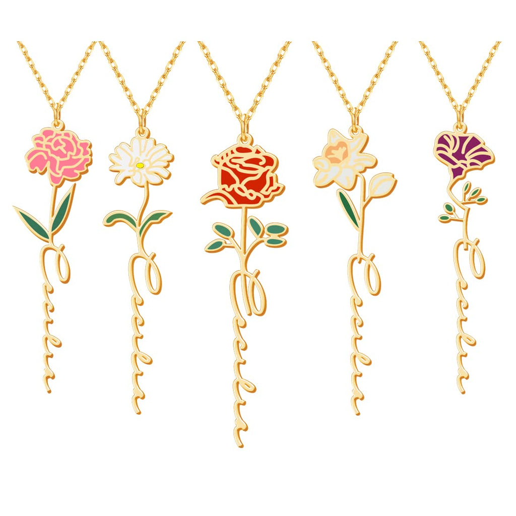 TRANGEL Birth Flower Name Necklace 18K Gold Plated Birth Month Flower Necklace Dainty Custom Women's Jewelry Mothers Birthday