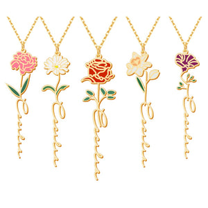 TRANGEL Birth Flower Name Necklace 18K Gold Plated Birth Month Flower Necklace Dainty Custom Women's Jewelry Mothers Birthday