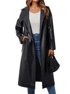 Trendy Queen Womens Long Leather Jackets Trench Coat Blazer Lapel Faux Open Front with Belt