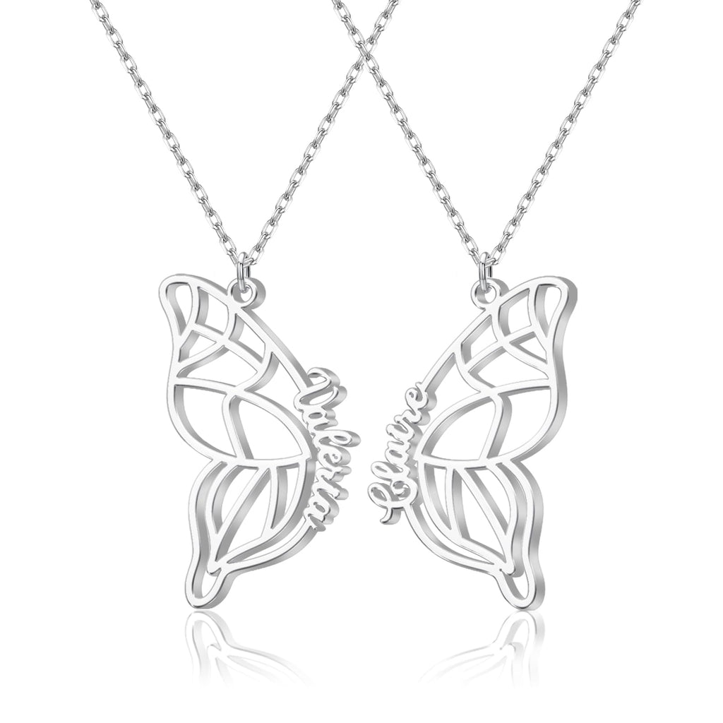 Elemtansy Custom 2Pcs BFF Necklace-Split Butterfly Engraved with Names, Matching Best Friend Necklace for 2, 925 Sterling Silver Friendship Necklace Gifts for Women, Best Friend, Sister