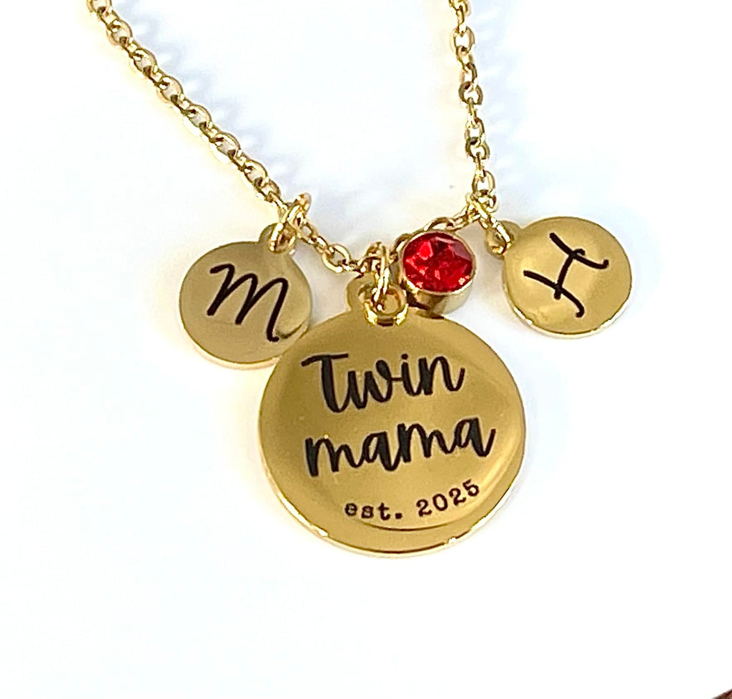 Fern & Filigree Twin Gift Necklace for New Mom, Custom Birthstone and Initial Pendant for Twin Mama, Personalized Jewelry for Mother's Day from Husband, Sister, Grandmother, Year Established.