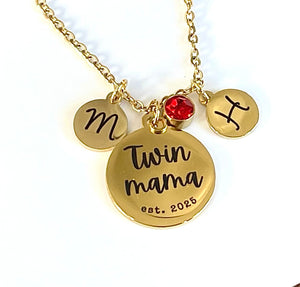 Fern & Filigree Twin Gift Necklace for New Mom, Custom Birthstone and Initial Pendant for Twin Mama, Personalized Jewelry for Mother's Day from Husband, Sister, Grandmother, Year Established.