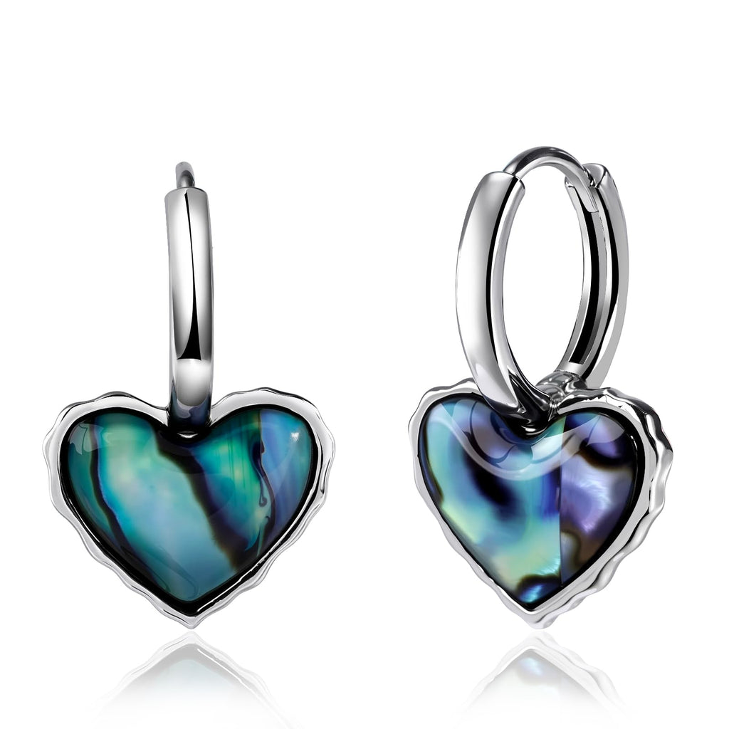 Abalone Shell Heart Hoop Earrings Silver Cute Heart Huggie Dangle Drop Earrings for Women Hypoallergenic Silver Jewelry