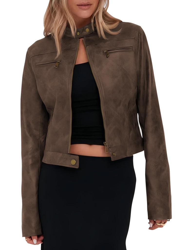 Onedreamer Women's Faux Leather Cropped jackets Casual Vintage Zip Up Stand Collar Motorcycle Short Coat Jacket